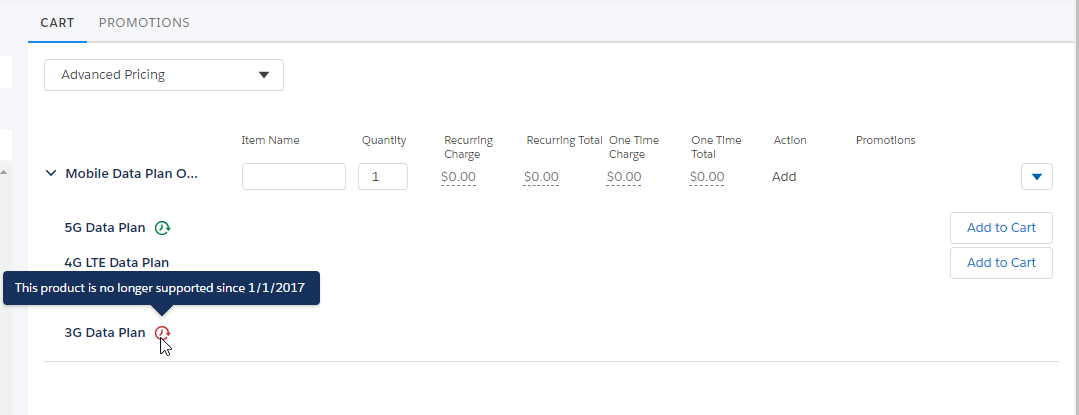 Example of a tooltip that shows the end-of-life date for a product in the Cart