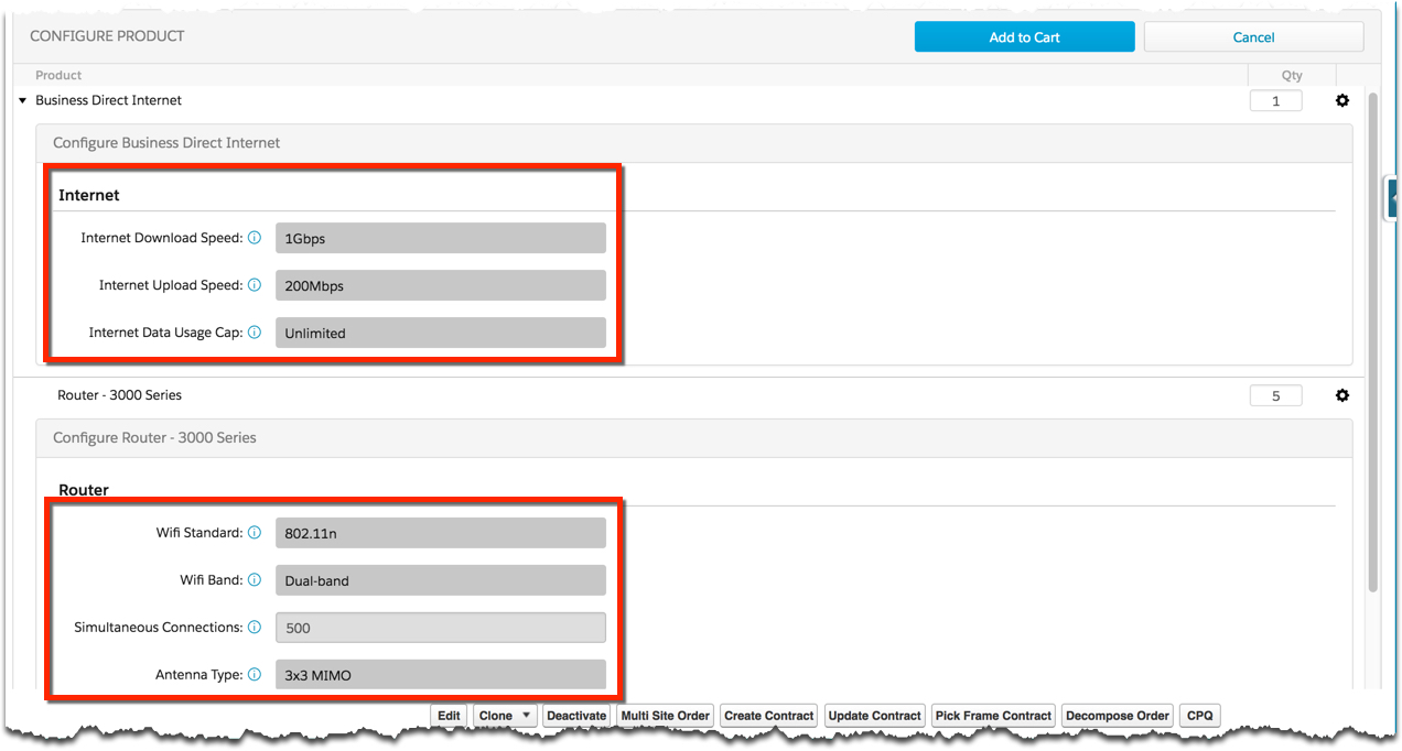 On the Configure Product page, Internet and Router attributes are listed.