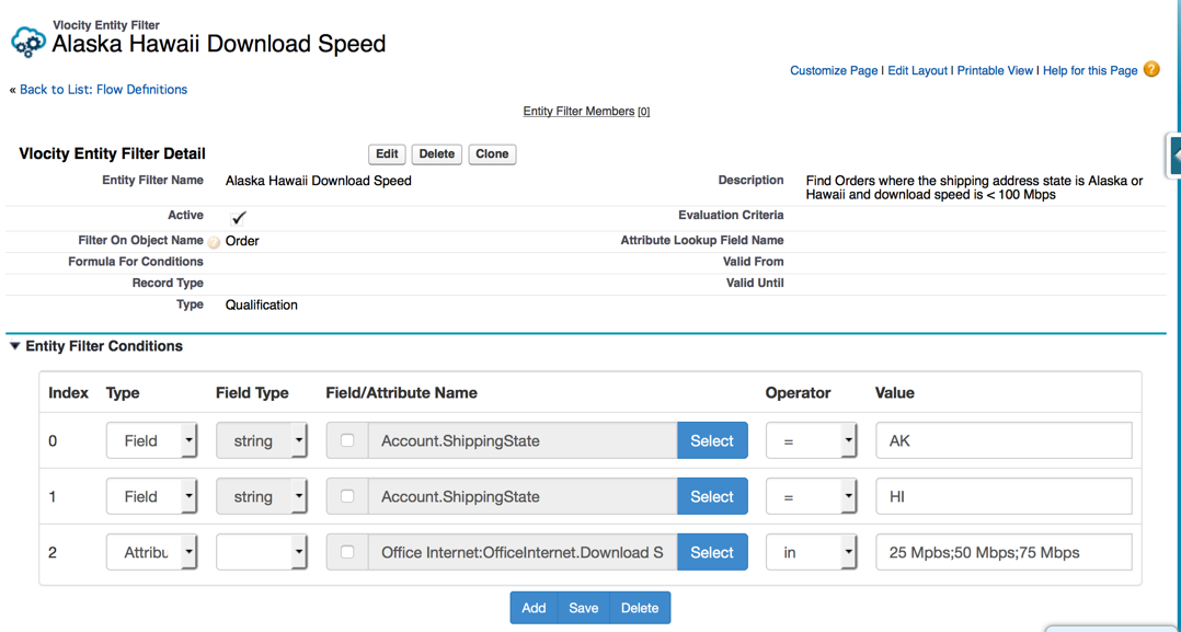 Entity filters specify that Account.ShippingState = AK or Account.ShippingState = HI.