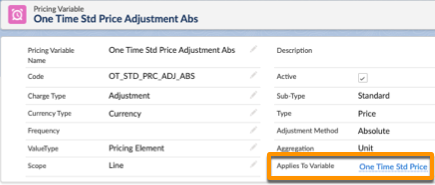 Example of a pricing variable applying to another variable in the Pricing Designer