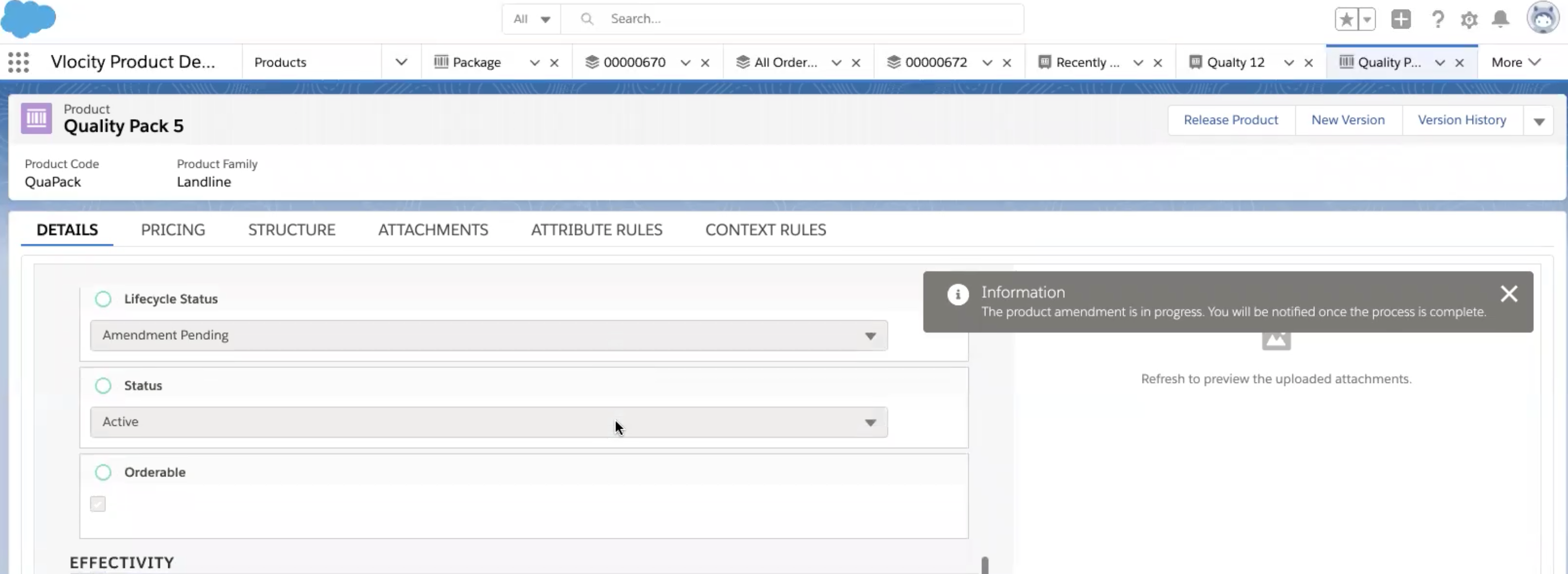 Example of a product with a Lifecycle Status of Amendment Pending