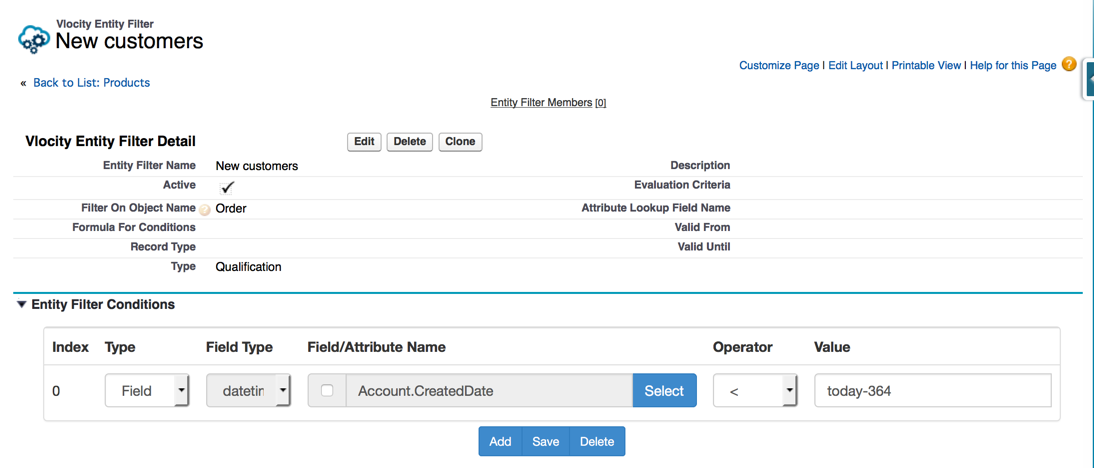 An Entity Filter with the condition Account.CreatedDate = today-364.