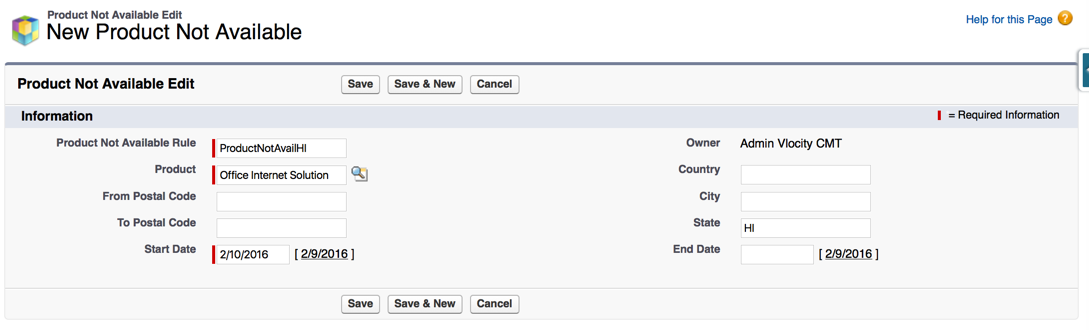 New Product Not Available configuration.