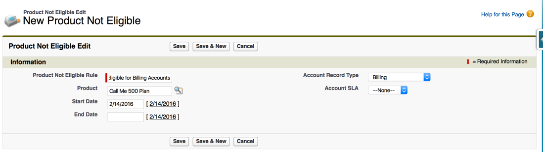New Product Not Eligible configuration.