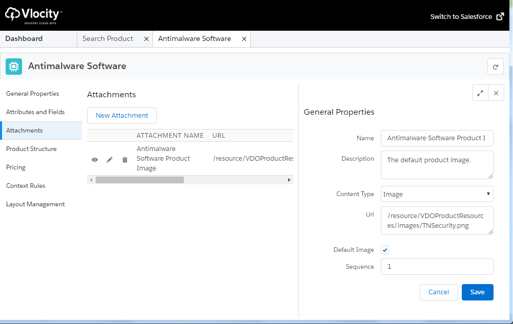 The General Properties panel and New Attachment button for an example product