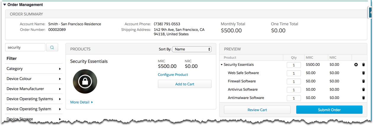 Example of how the Security Essentials product bundle shows in the Cart with its five product child items.