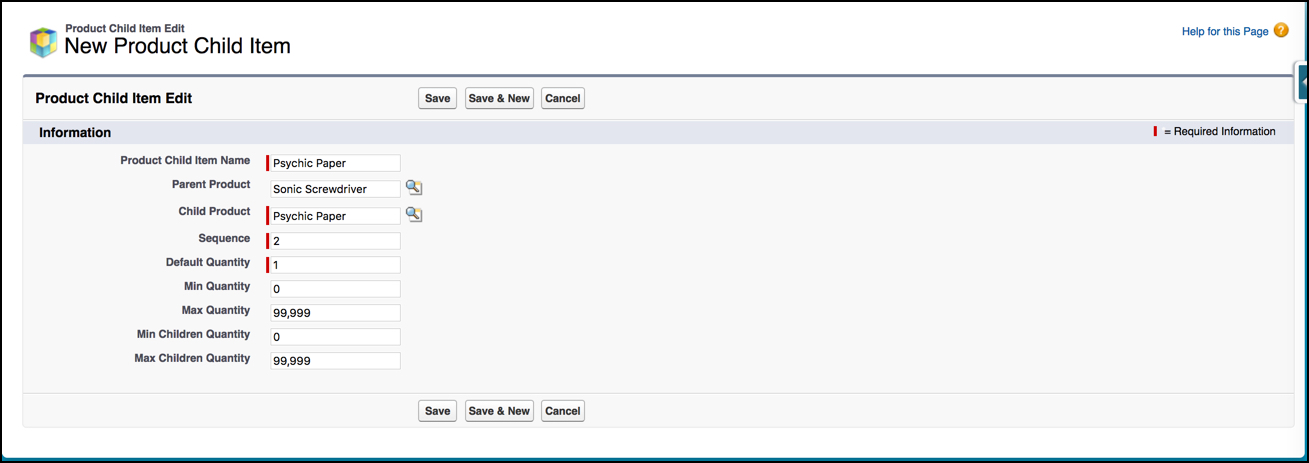 The New Product Child Item dialog.