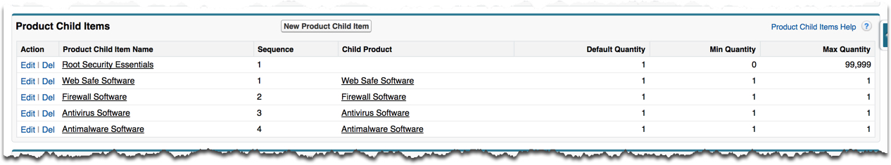 Example of the Security Essentials product bundle with five product child items.