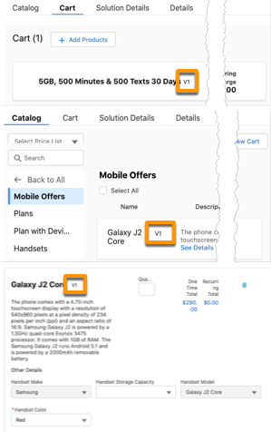 Examples of products with version information shown in the Cart, the Catalog, and the configuration dialog.