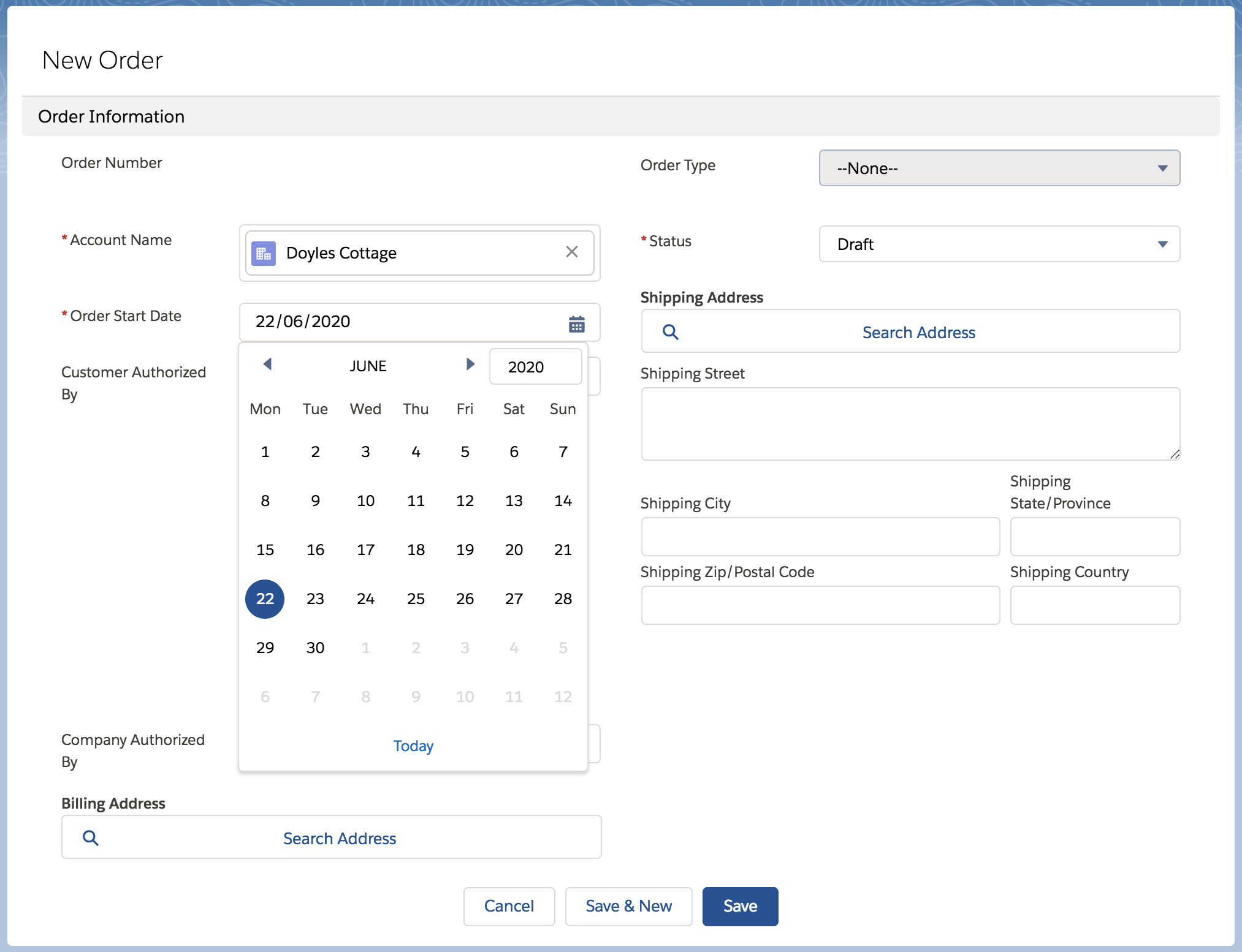 The New Order dialog box.