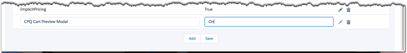 In the left field is 'CPQ Cart Preview Modal'. In the right field is 'On'.