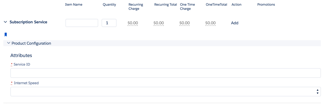 The line item details for the Subscription Service product include two attributes: Service ID and Internet Speed.