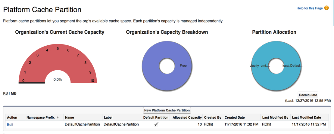 The Platform Cache Partition page lists a partition named DefaultCachePartition.