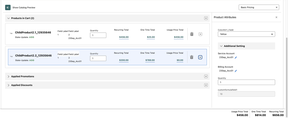 JSON structure example for defining line item fields in the Additional Settings panel