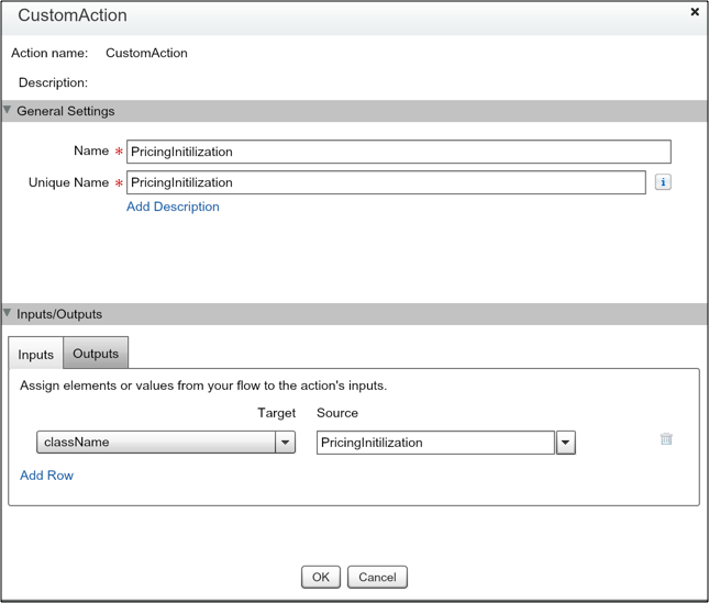 CustomAction Dialog Box showing PricingInitialization in className
