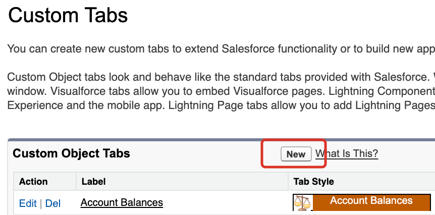 The New button on the Custom Tabs page.
