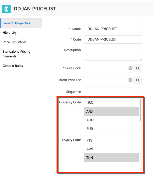 The Currency Code and Loyalty Code values in the General Properties of the Pricelist page.