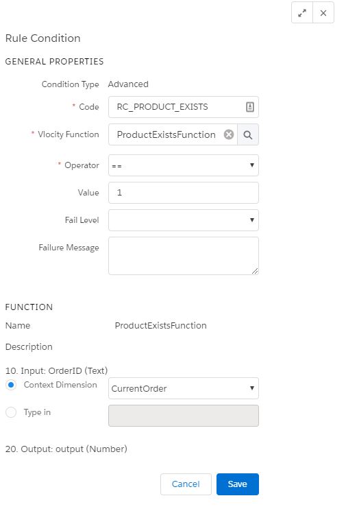 In the ​Function​ area of the ​Rule Condition​​ dialog, a Context Dimension value of CurrentOrder is specified.