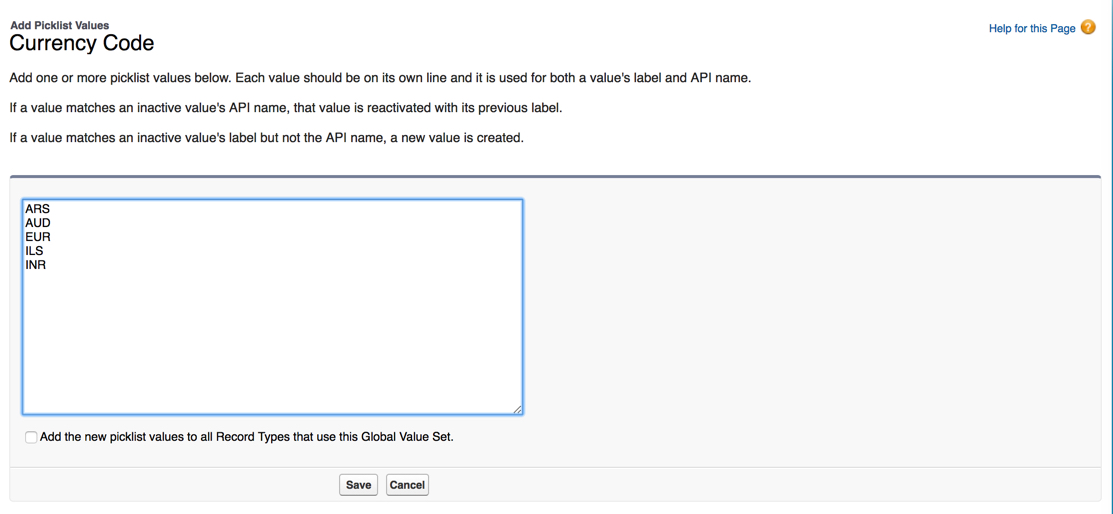 The Add Picklist Values page for Currency Code.