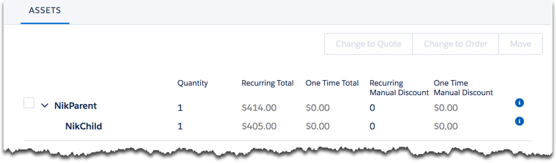 The All Assets page has a slightly different appearance in the cart, but it still has the following table columns: Asset Name, Serial Number, Quantity, Status, Provisioning Status, Recurring Total, and One Time Total. Child assets are indented and hidden unless the parent is expanded.