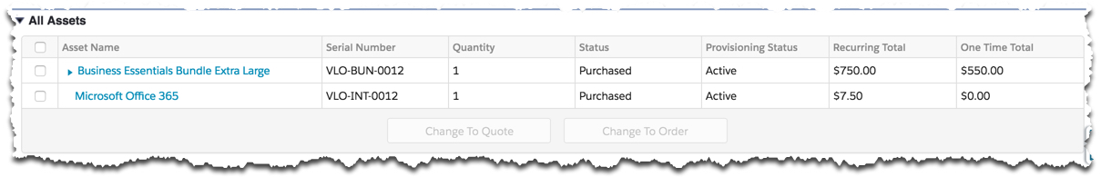 This page has an All Assets header and the following table columns: Asset Name, Serial Number, Quantity, Status, Provisioning Status, Recurring Total, and One Time Total.