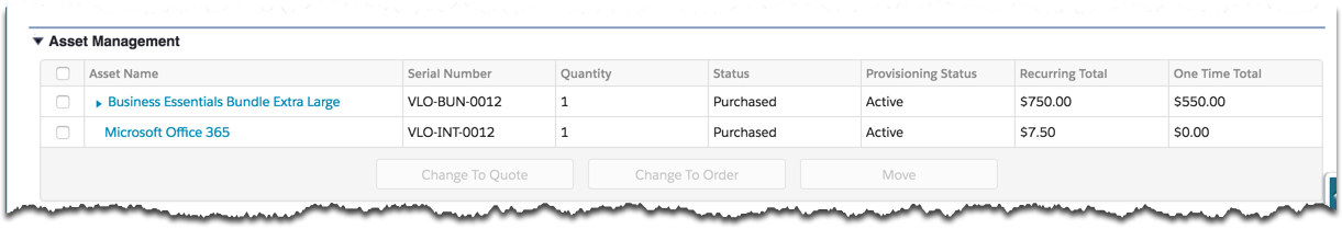 This page has an Asset Management header and the following table columns: Asset Name, Serial Number, Quantity, Status, Provisioning Status, Recurring Total, and One Time Total.