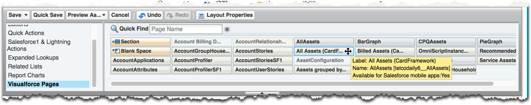 Visualforce Pages is selected in the object palette, and the mouse-over text for the All Assets page is displayed.