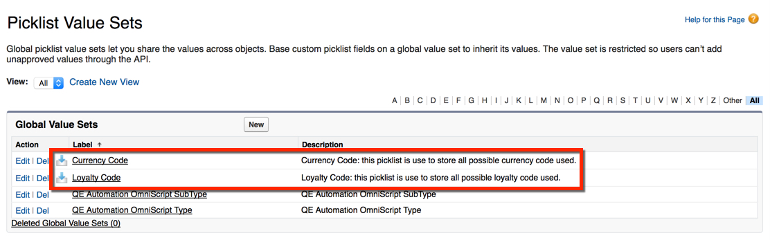 Global Value Sets for Currency Code and Loyalty Code.