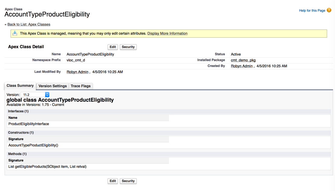 Managed Apex Class example