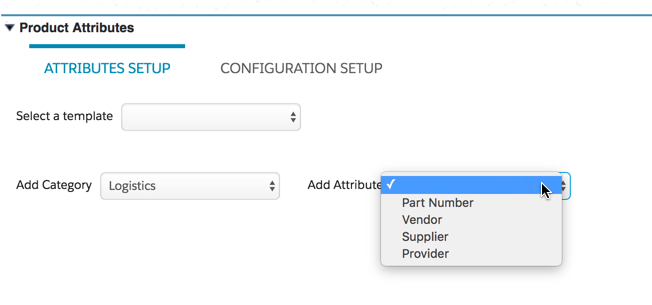 For the Logistics category, attributes are Part Number, Vendor, Supplier, and Provider.