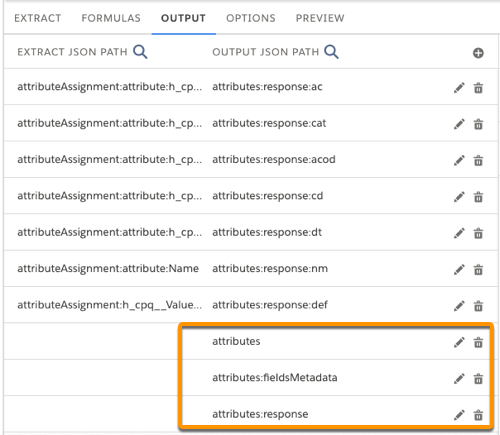 Highlighted paths that shouldn't be deleted: the ​attributes​ or ​pricingAdjustments​ prefix, the ​fieldsMetadata​ path, or the ​response​​ path.