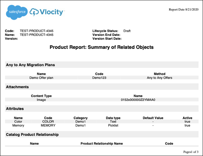 Example of a version report