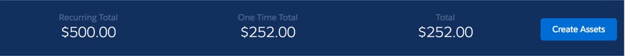 The Total bar, with Recurring Total, One Time Total, and Total values and a Create Assets button.