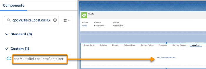cpqMultisiteLocationsContainer shown in the Components panel with an arrow that shows dragging into the new tab region.