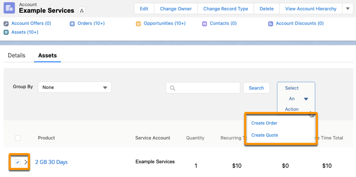 Assets tab for an account with a selected asset and Create Order menu item