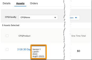 Assets tab that shows the version for the 2 GB 30 Day asset.