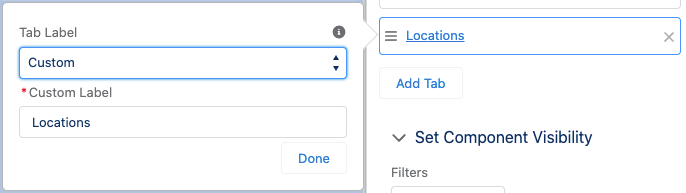 An example of the Custom menu item selected for the Tab Label and Locations entered for the Custom Label name.