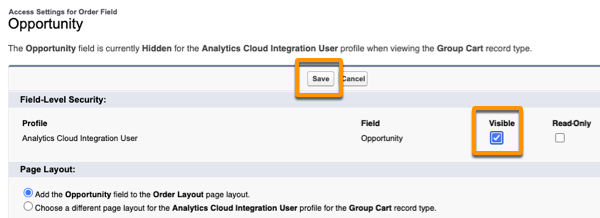 In the Opportunity field page, the Visible checkbox is selected, and the Save button is highlighted.