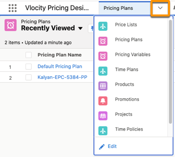The navigation menu in the down arrow for a tab in the Pricing Designer