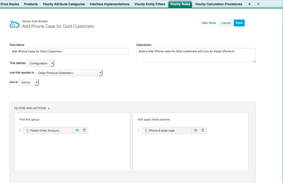 The Vlocity Rule Builder shows a rule for adding an iPhone case to an iPhone purchase.