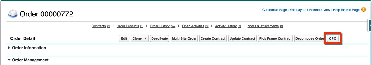The CPQ button on the Order record page.