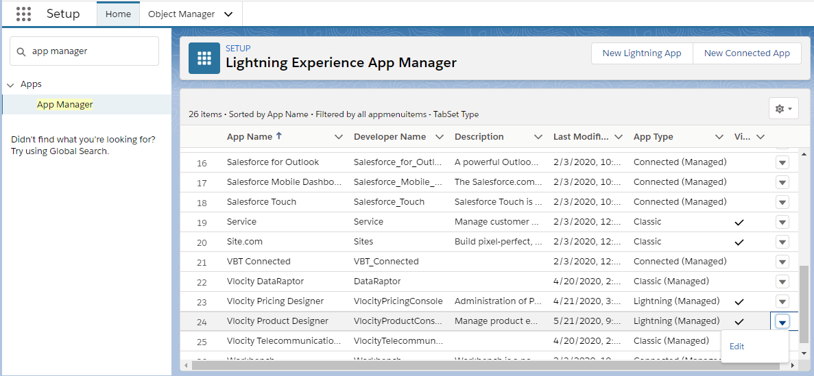 Lightning Experience App Manager page