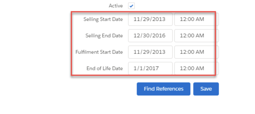 selling period fields in the product dialog
