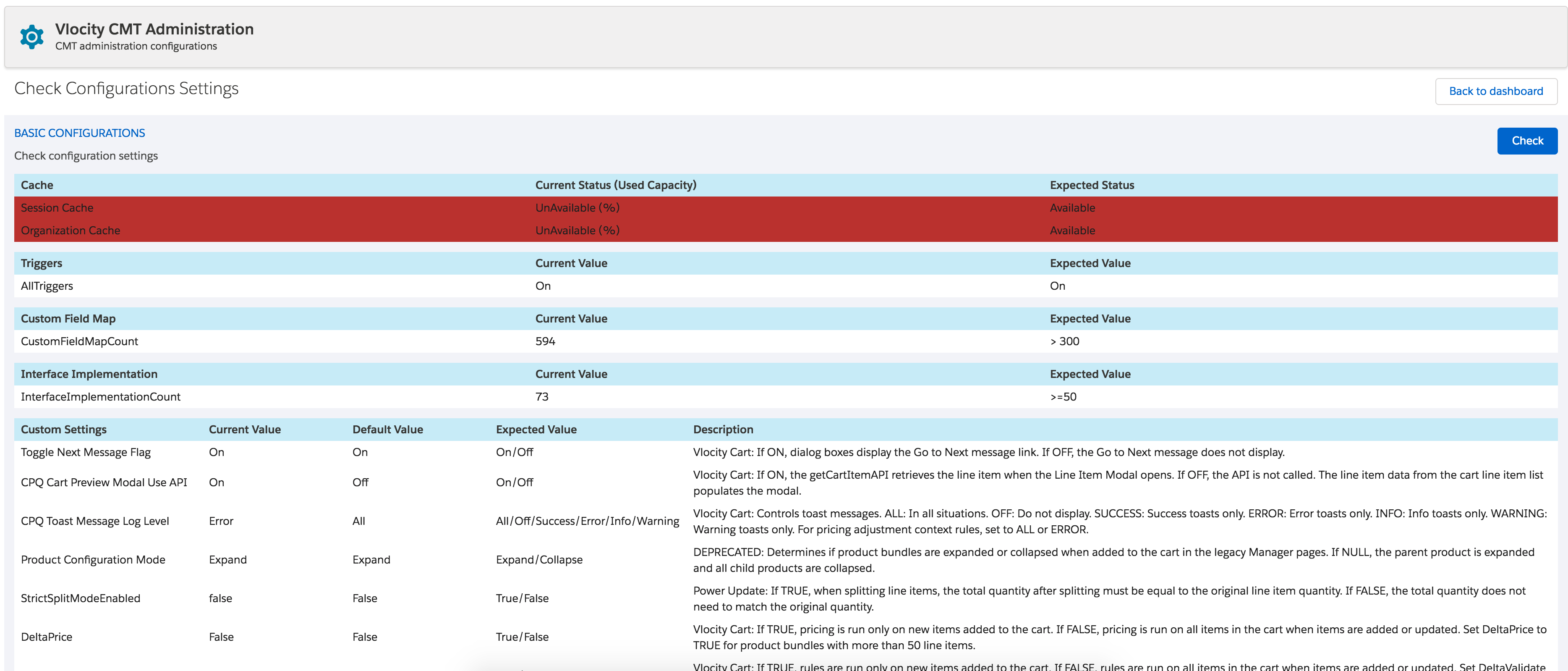 The Check Configuration Settings page, with the Current Value, Default Value, Expected Value, and Description listed for each setting.