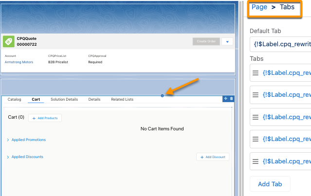The Default CPQ Quote Record Page with the tab component selected.