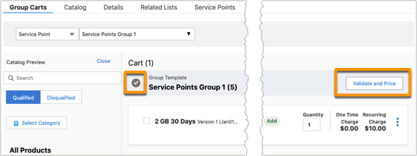 An example order shows the results of Apply to Members. The group in the cart has a grey checkmark. The Validate and Price button is also available.