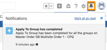 An example of the bell icon selected with a sample notification.