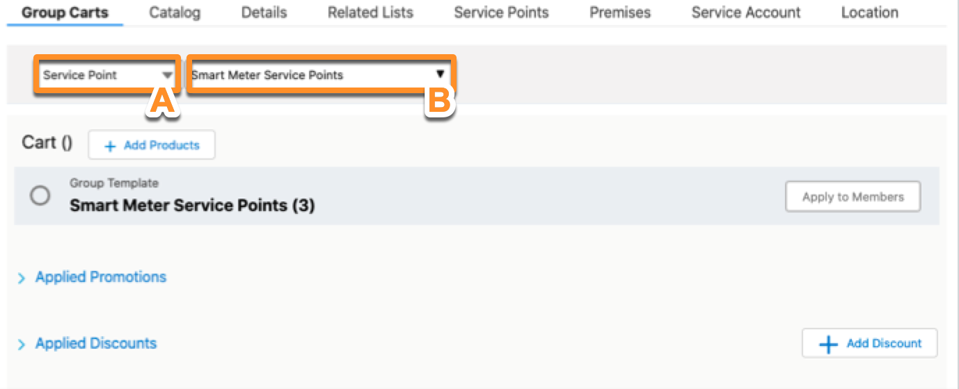 An example of the Group Carts tab with service point as the item type and the Smart Meter Service Points as the group.