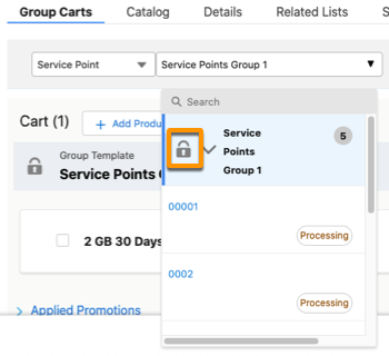 An example of an order where the group menu shows the group's status and its members.