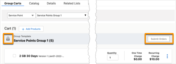 An example order shows the results of Submit Orders. The group in the cart has a lock symbol. The Submit Orders button is also unavailable.